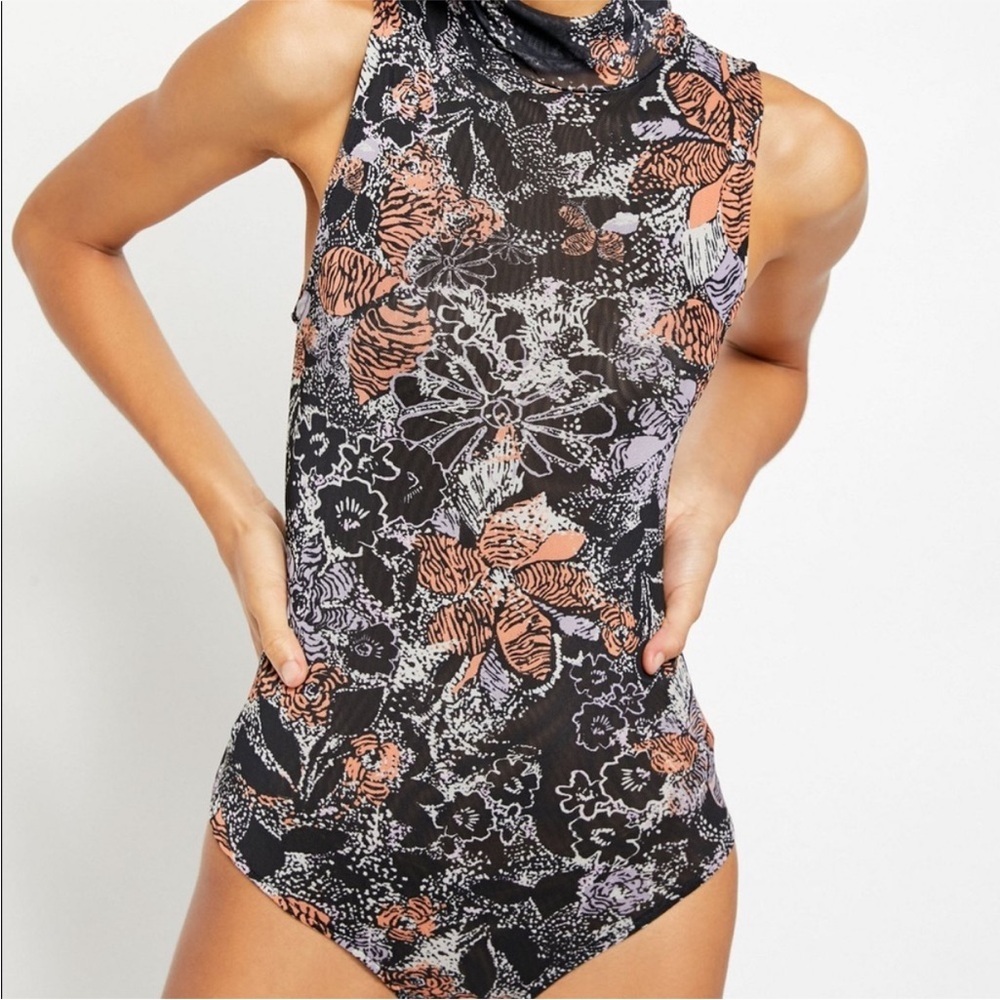 Free People Mesh Is Best Bodysuit Medium Sheer Turtleneck Sleeveless Thong